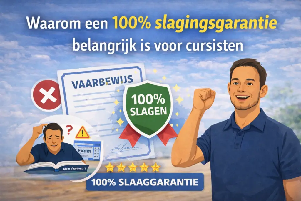 Blije cursist met vaarbewijs en 100% slagingsgarantie voor de vaarbewijscursus.
