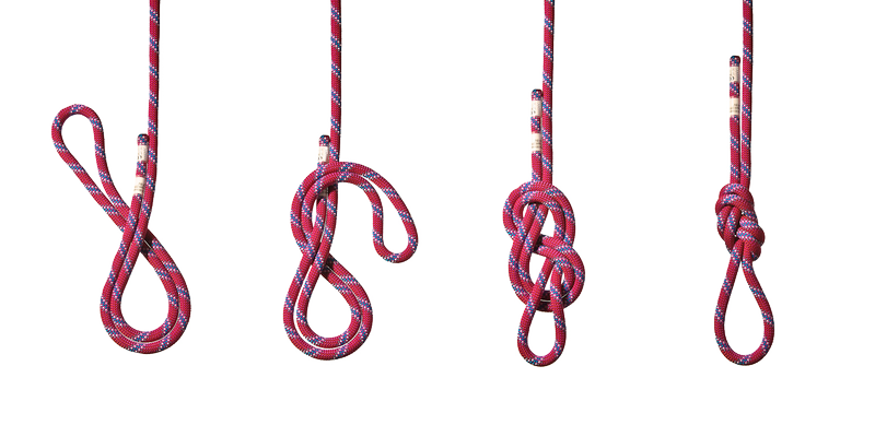 Stapsgewijze uitleg voor het leggen van een achtknoop met een rood touw.