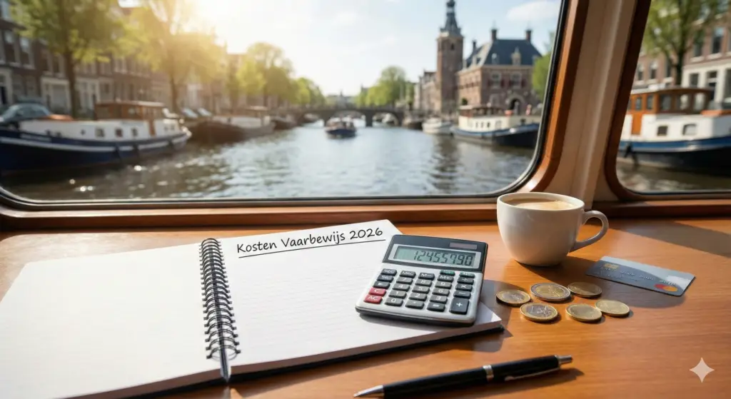 Notitieboek met de tekst ‘Kosten Vaarbewijs 2026’, een rekenmachine en muntgeld op een boot.
