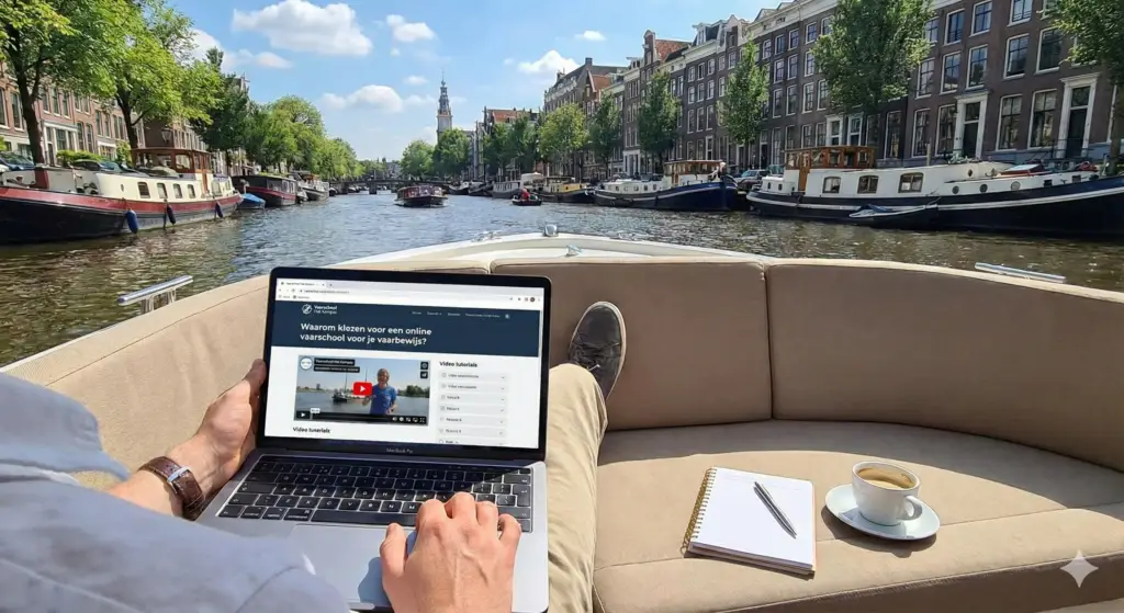 Cursist volgt op een laptop een online vaarbewijscursus tijdens het varen door Amsterdam.