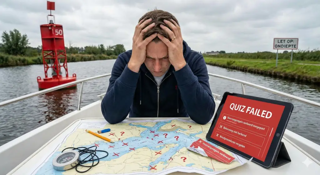 Teleurgestelde cursist maakt fouten bij een oefenexamen voor het vaarbewijs.