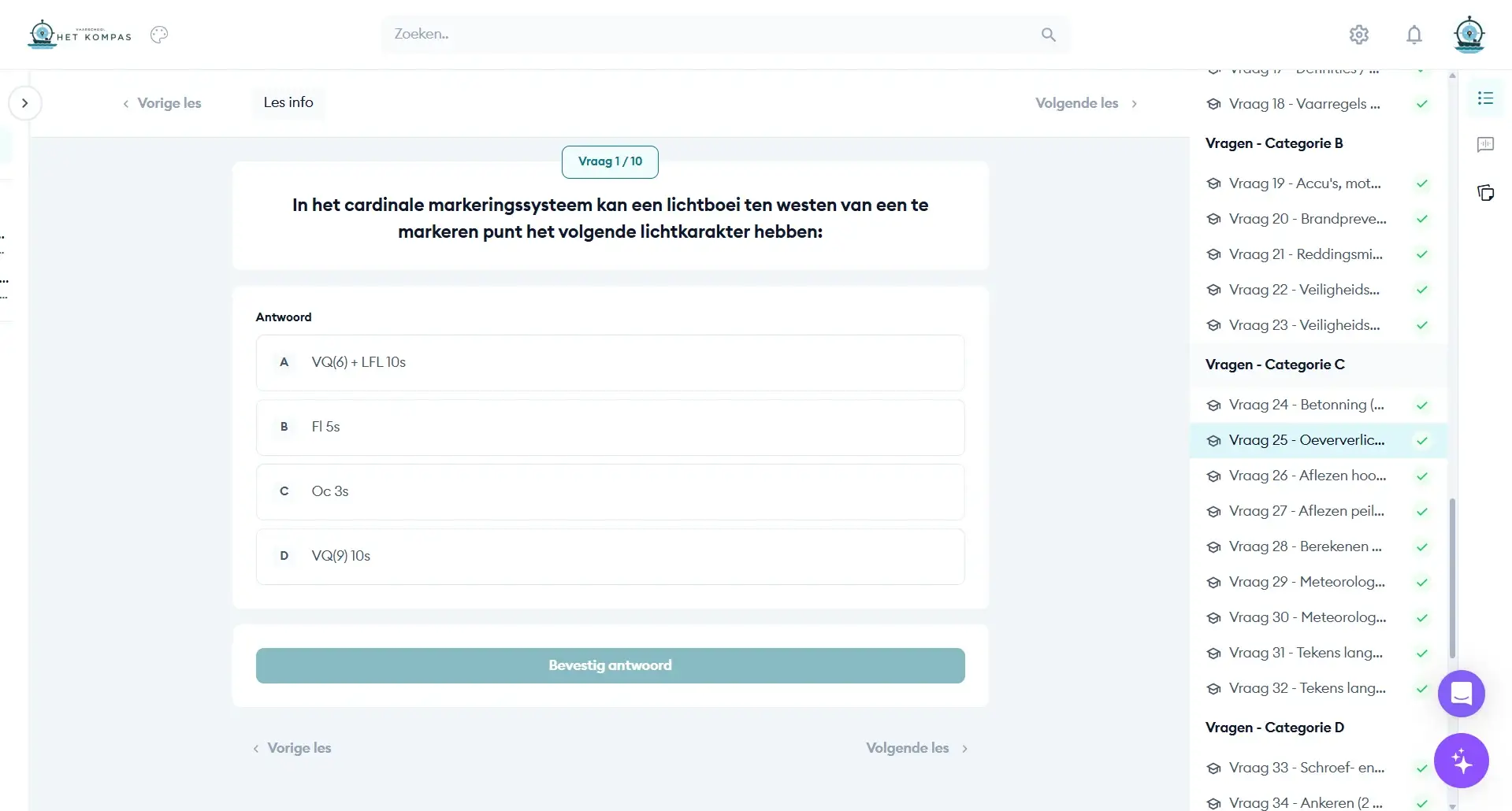 Voorbeeld van een oefenvraag voor het examen Klein Vaarbewijs 1 over het cardinale markeringssysteem