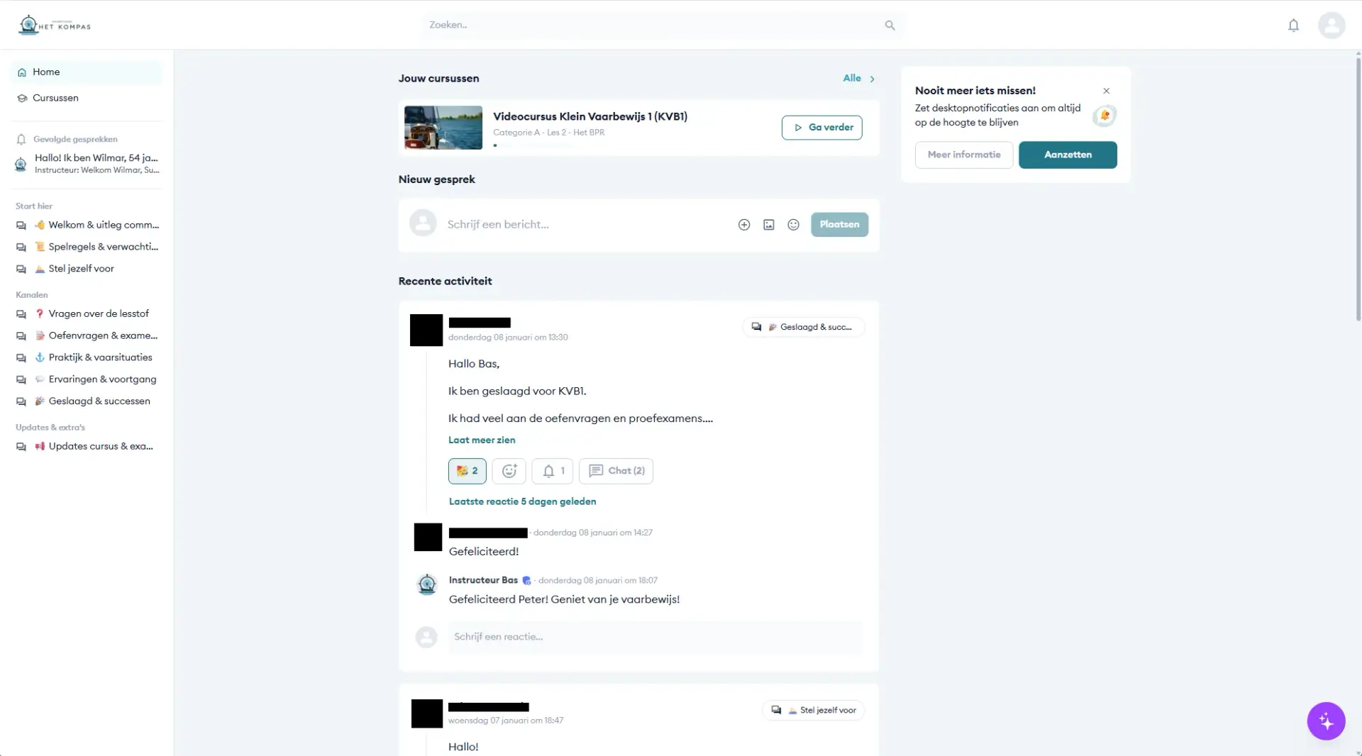 Online community van Vaarschool Het Kompas met cursusvragen, ervaringen en berichten van cursisten