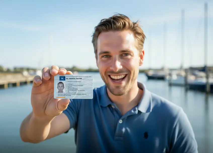 Blije man toont zijn vaarbewijs in een jachthaven