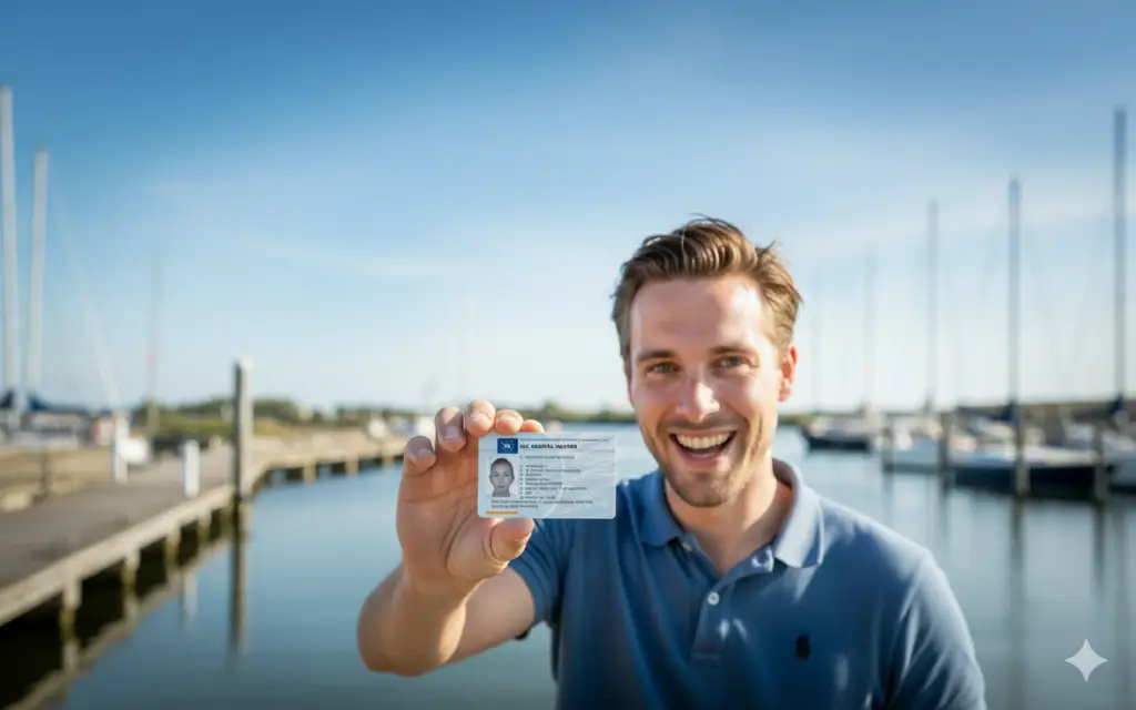 Blije man toont zijn behaalde vaarbewijs bij een jachthaven.