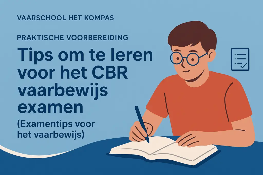 Illustratie met praktische tips om te leren voor het CBR-vaarbewijsexamen.