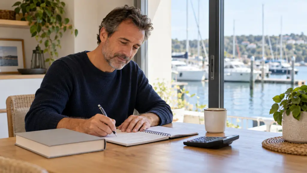 Watersporter berekent aan tafel de kosten van zijn vaarbewijs. Controleer de alt-tekst na keuze van de daadwerkelijke afbeelding.
