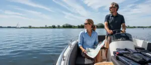 Man bestuurt een motorboot terwijl een vrouw met een waterkaart de vaarroute bepaalt.