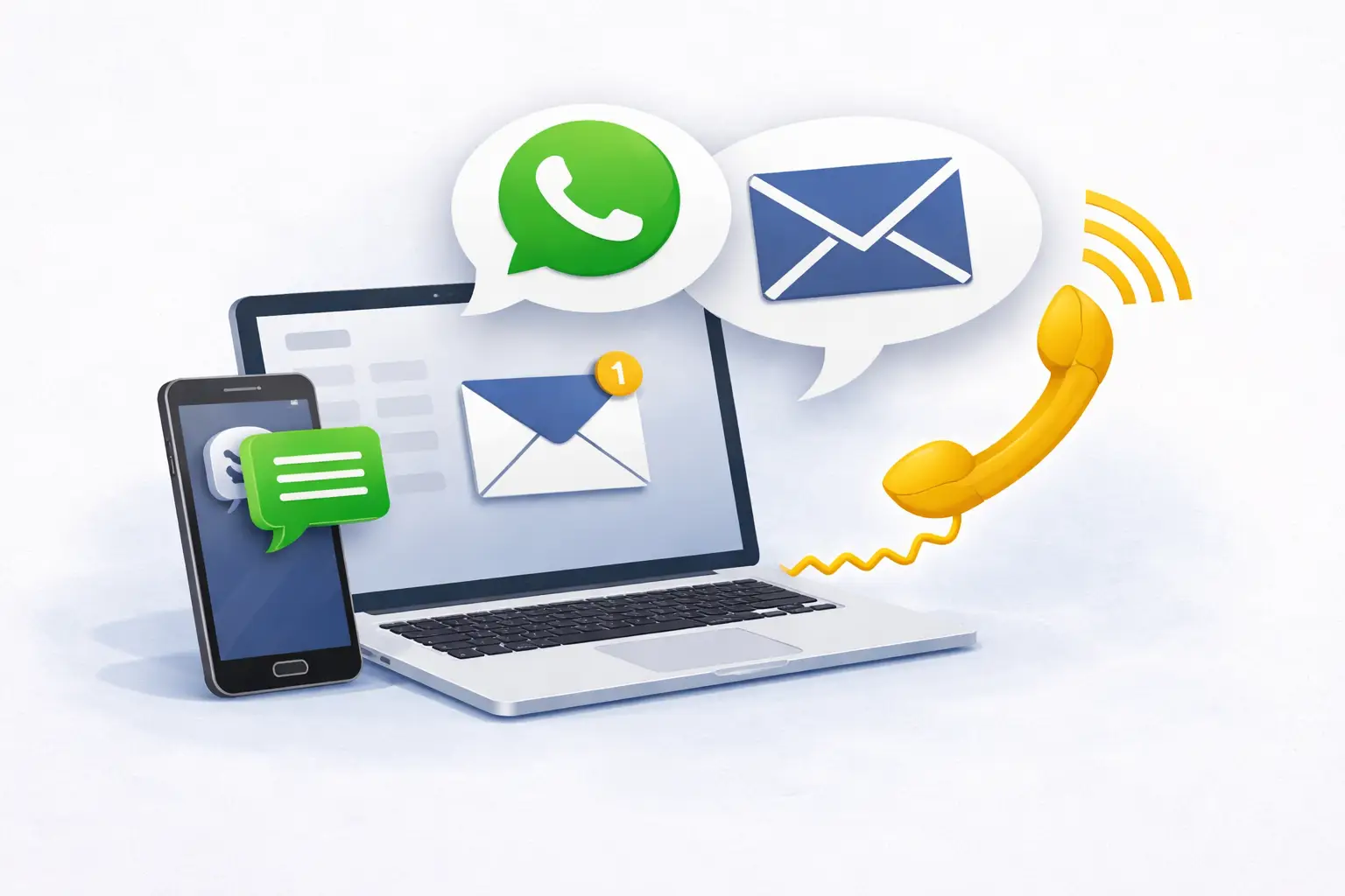 Illustratie van direct contact met de instructeur via WhatsApp, e-mail en telefoon