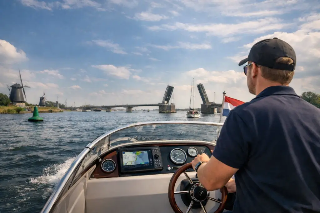 Man vaart voor het eerst zelfstandig met een motorboot richting een geopende brug.