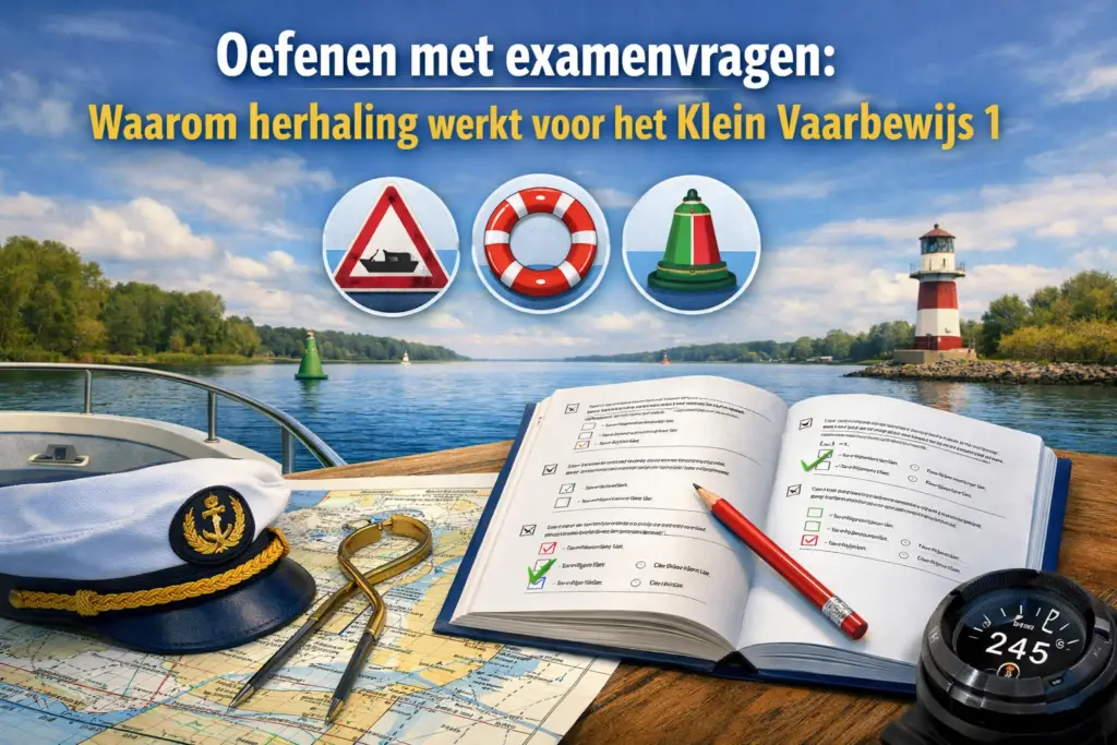 Oefenboek met examenvragen voor Klein Vaarbewijs 1 naast een waterkaart, passer en kompas.