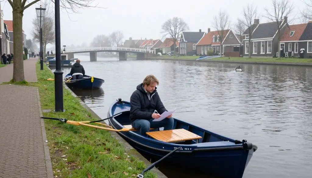 Een man bestudeert een vaarplan op de boeg van een houten sloep in een Nederlandse gracht.
