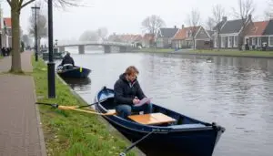 Een man bestudeert een vaarplan op de boeg van een houten sloep in een Nederlandse gracht.