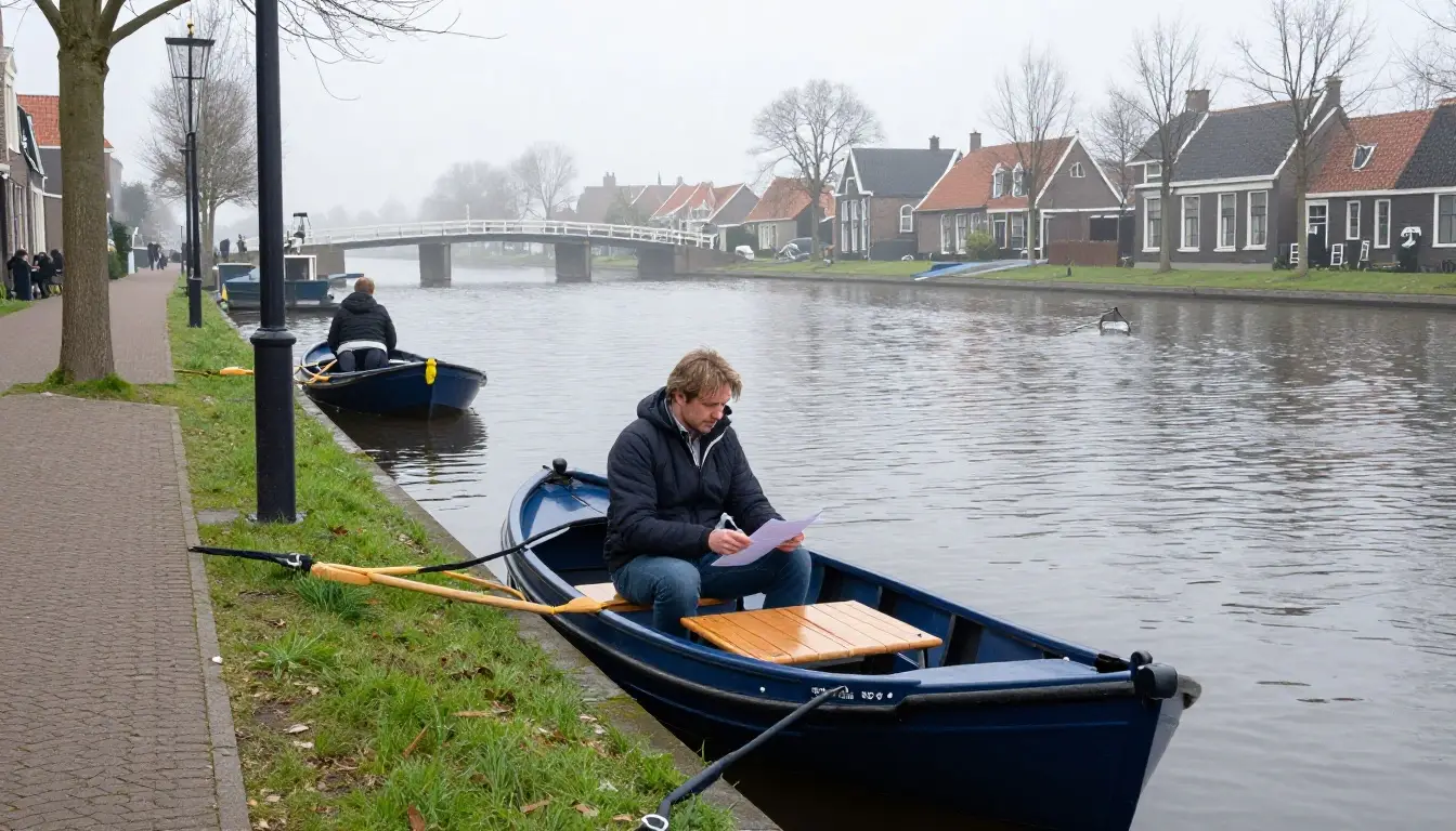 Een man bestudeert een vaarplan op de boeg van een houten sloep in een Nederlandse gracht.