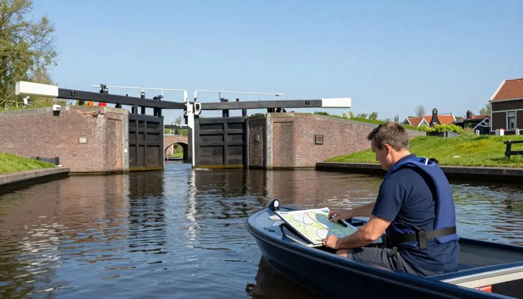 Een cursist met een reddingsvest bestuurt een motorsloep en bekijkt een kaart op de console.