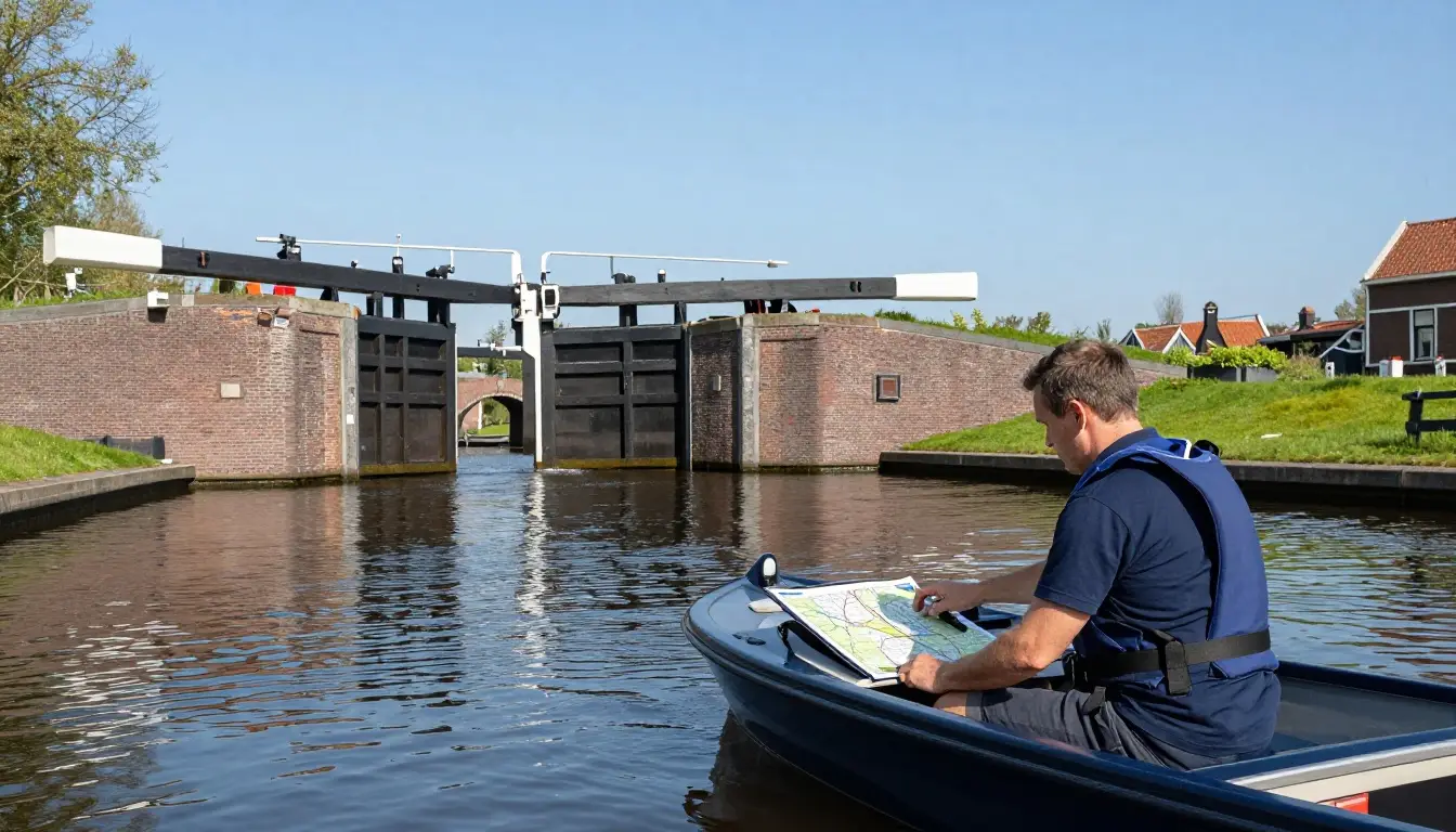 Een cursist met een reddingsvest bestuurt een motorsloep en bekijkt een kaart op de console.