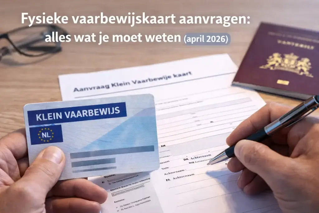 Persoon houdt een fysieke Klein Vaarbewijskaart vast bij een aanvraagformulier en Nederlands paspoort.