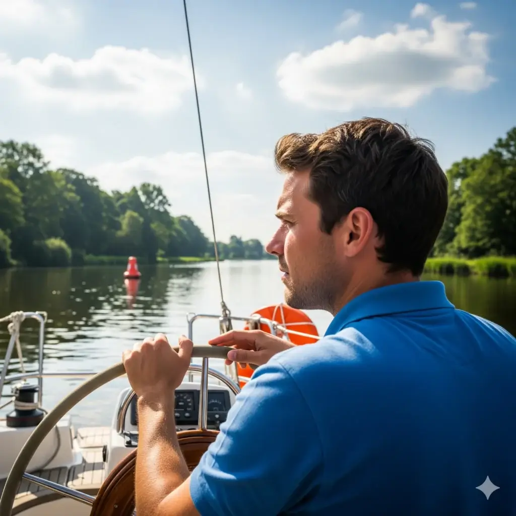 Man bestuurt een zeilboot op rustig binnenwater en vaart langs een rode vaarwegmarkering.