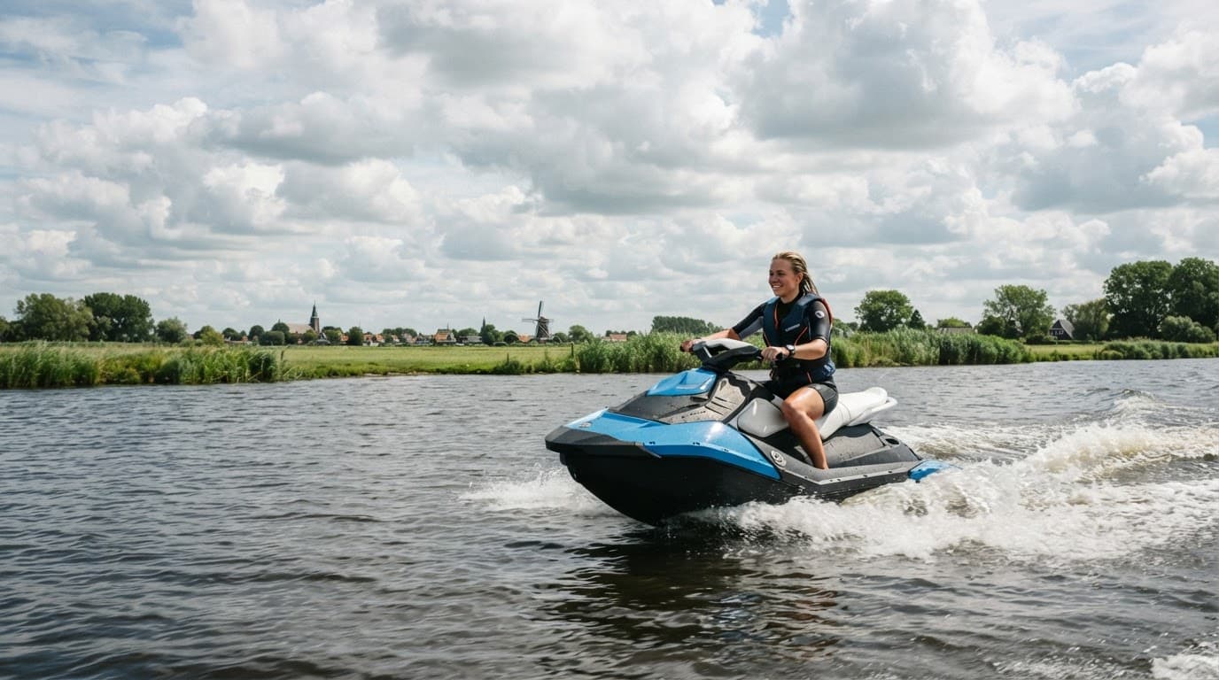 Een persoon in een reddingsvest vaart met een jetski over een rustig Nederlands meer.