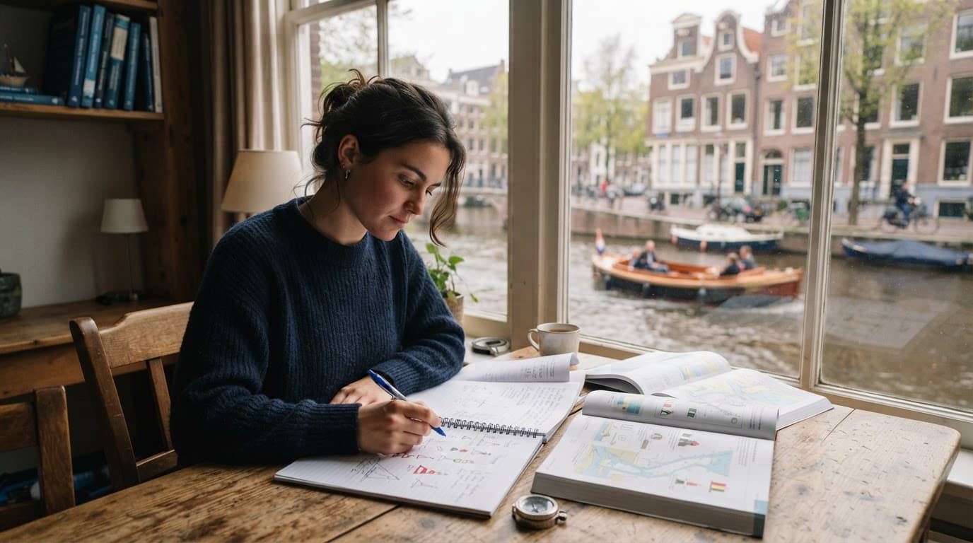 Persoon die theorie voor het vaarbewijs bestudeert aan een houten tafel bij het raam.