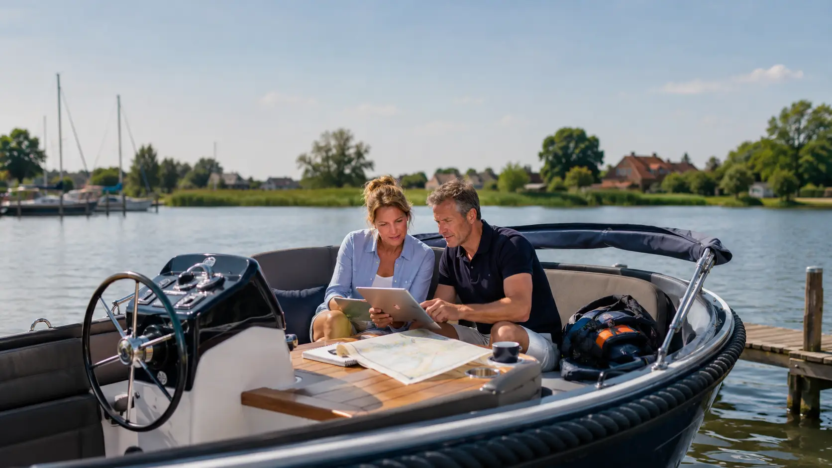 Man en vrouw leren op een tablet voor Klein Vaarbewijs 1 aan boord van een motorboot.