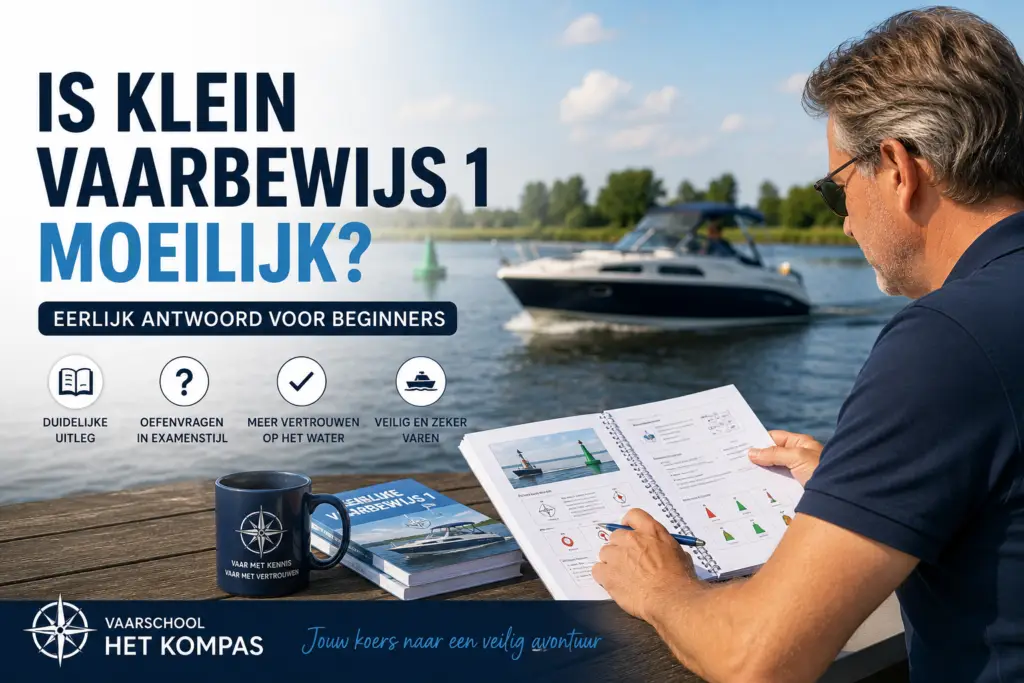 Beginnende cursist leert met een lesboek voor Klein Vaarbewijs 1 aan de waterkant.