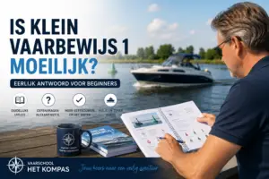 Beginnende cursist leert met een lesboek voor Klein Vaarbewijs 1 aan de waterkant.