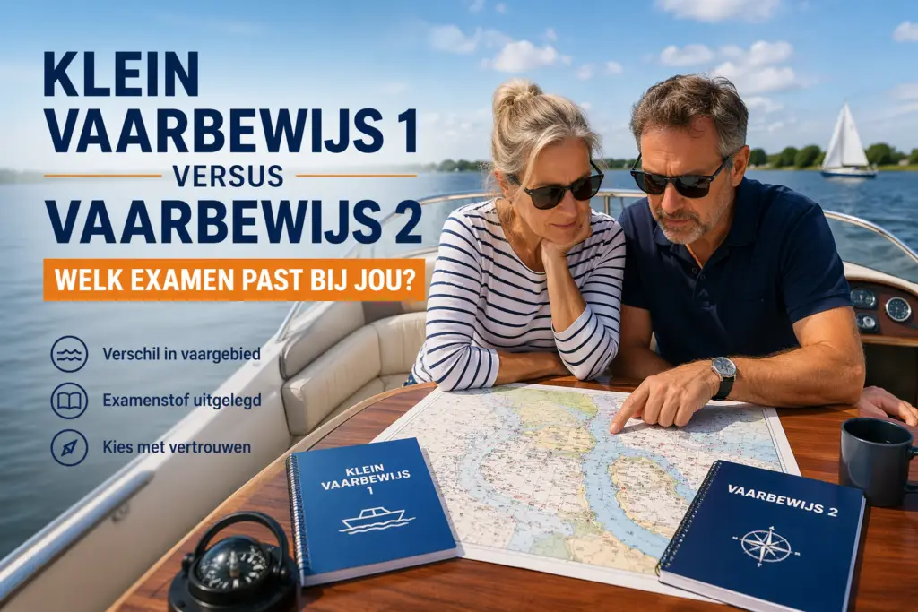 Vergelijking tussen Klein Vaarbewijs 1 en Klein Vaarbewijs 2 met een stel dat een waterkaart bekijkt op een motorboot.