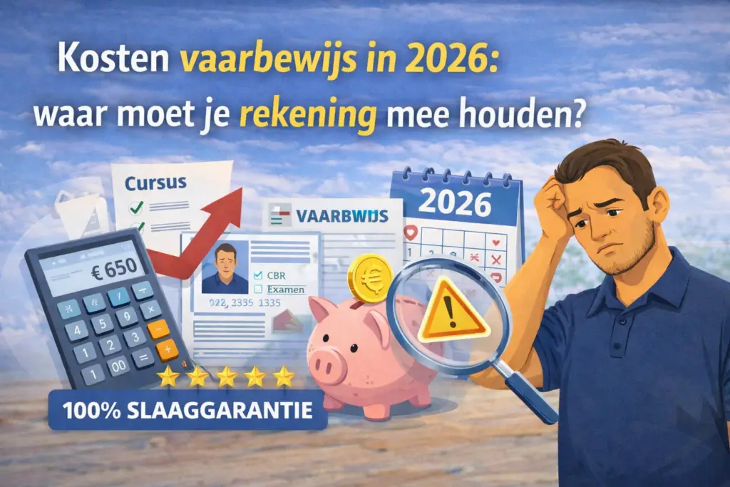 Overzicht van de kosten voor het behalen van een vaarbewijs in 2026, waaronder cursus- en examenkosten.
