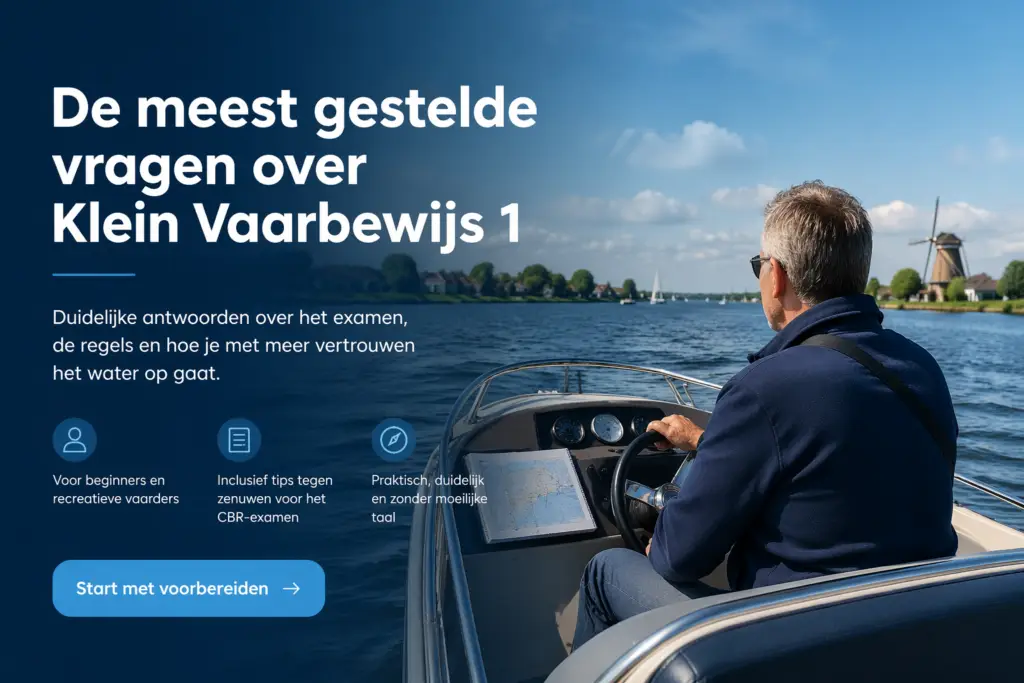 Man bestuurt een motorboot bij een Nederlands vaargebied met informatie over veelgestelde vragen rond Klein Vaarbewijs 1.
