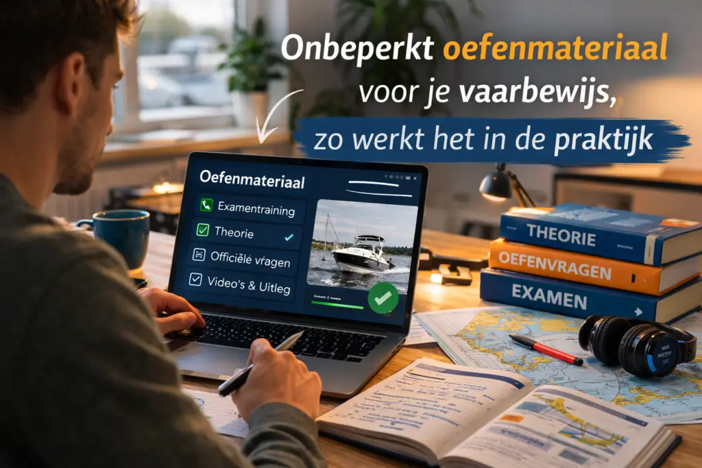 Cursist oefent online voor het vaarbewijs met onbeperkt oefenmateriaal, theorie en examenvragen.