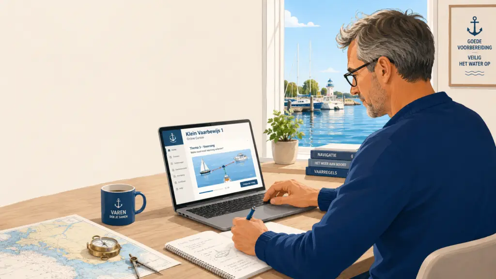 Man studeert thuis online voor Klein Vaarbewijs 1 met een laptop, waterkaart en kompas.