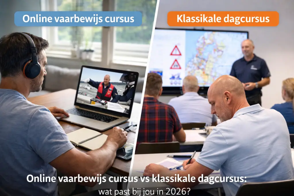 Vergelijking tussen een online vaarbewijscursus thuis en een klassikale dagcursus in 2026.
