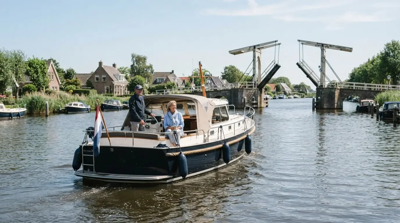 Een wit plezierjacht vaart op een kalm binnenwater nabij een historische brug.