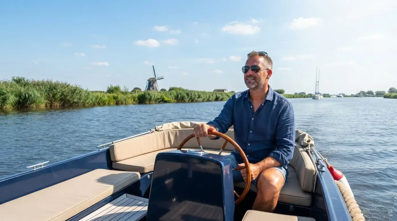 Een ontspannen schipper vaart op een zonnige dag in een verzorgde sloep over een kalm binnenwater.
