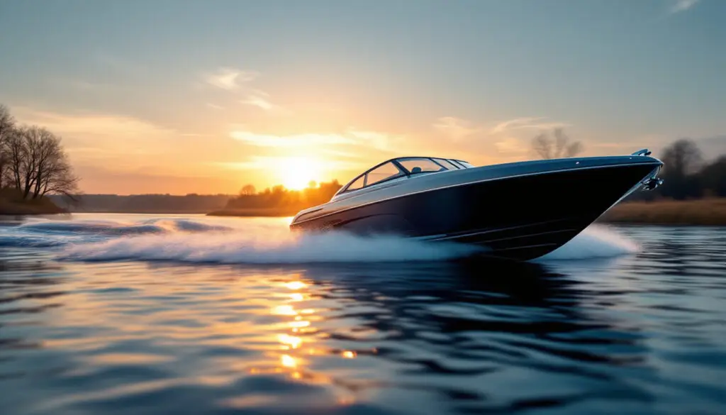 Snelle motorboot vaart bij zonsondergang over de Loosdrechtse Plassen.