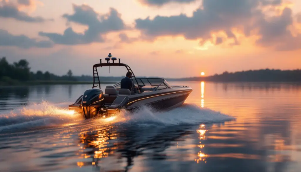 Speedboot vaart bij zonsondergang over de Vinkeveense Plassen.