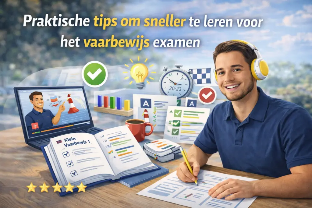 Cursist leert met videolessen en oefenvragen voor het vaarbewijsexamen.