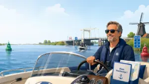 Man bestuurt een motorboot op Nederlands binnenwater met lesmateriaal voor Klein Vaarbewijs 1 aan boord.