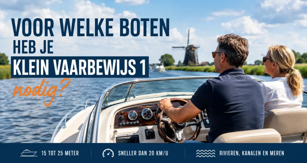 Man en vrouw varen met een motorboot bij uitleg voor welke boten Klein Vaarbewijs 1 nodig is.