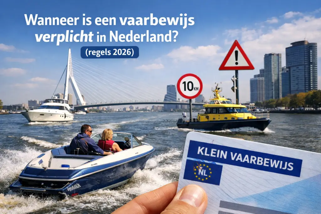 Snelle motorboot op Nederlands vaarwater met een Klein Vaarbewijs en de vraag wanneer een vaarbewijs verplicht is in 2026.