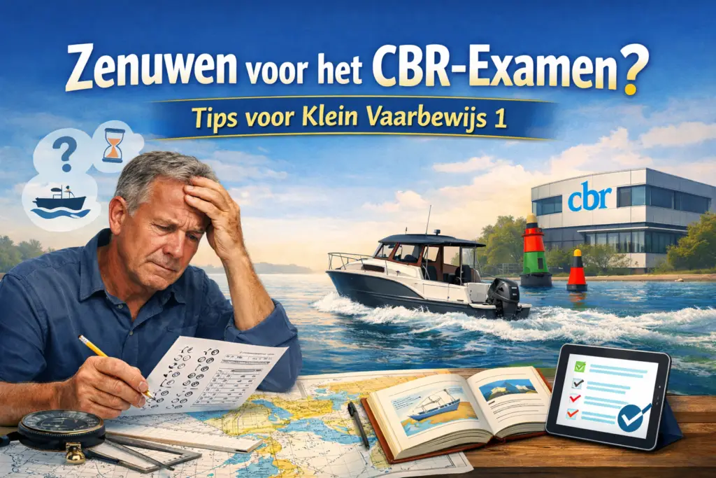 Zenuwachtige cursist bereidt zich met een waterkaart en oefenvragen voor op het CBR-examen Klein Vaarbewijs 1.