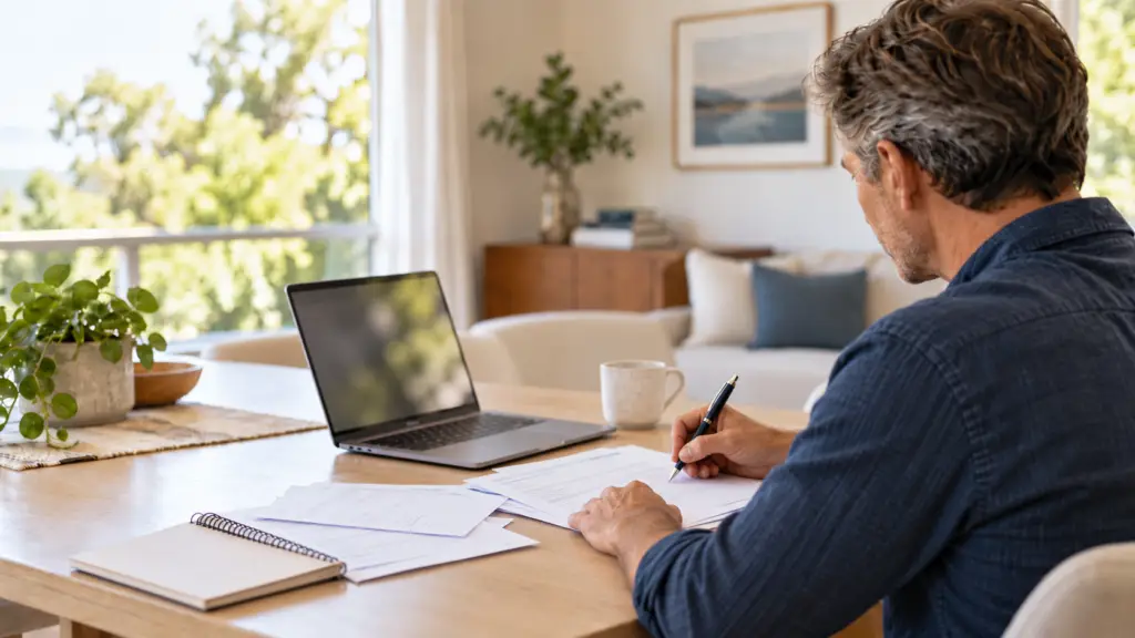 Watersporter vult thuis een aanvraagformulier voor het vaarbewijs in naast een laptop.