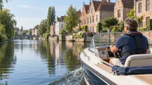 Schipper van ongeveer 50 jaar vaart rustig met een motorboot over een Belgisch kanaal langs Vlaamse bakstenen gebouwen.