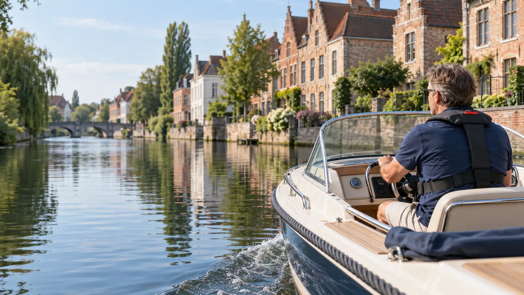Schipper van ongeveer 50 jaar vaart rustig met een motorboot over een Belgisch kanaal langs Vlaamse bakstenen gebouwen.
