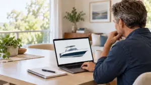 Watersporter volgt thuis een online vaarbewijscursus op een laptop.