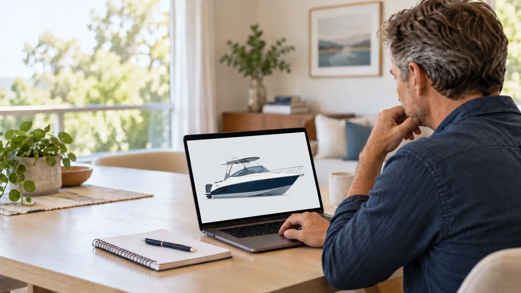 Watersporter volgt thuis een online vaarbewijscursus op een laptop.