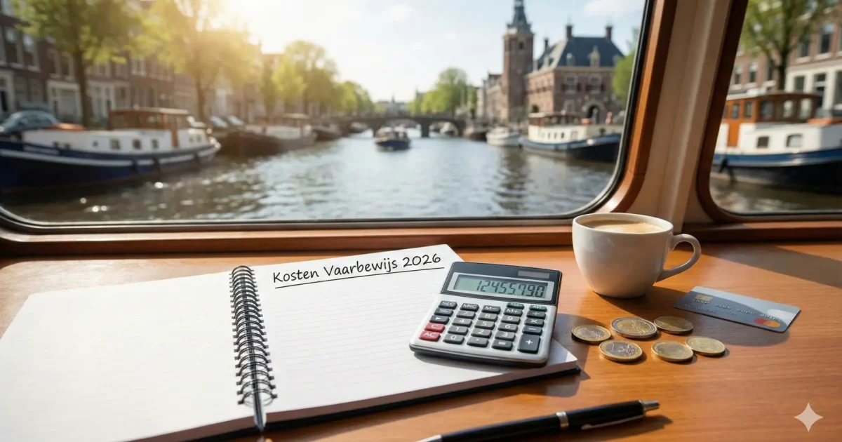 Notitieboek met de tekst ‘Kosten Vaarbewijs 2026’, een rekenmachine en muntgeld op een boot.