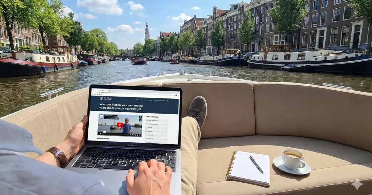 Cursist volgt op een laptop een online vaarbewijscursus tijdens het varen door Amsterdam.