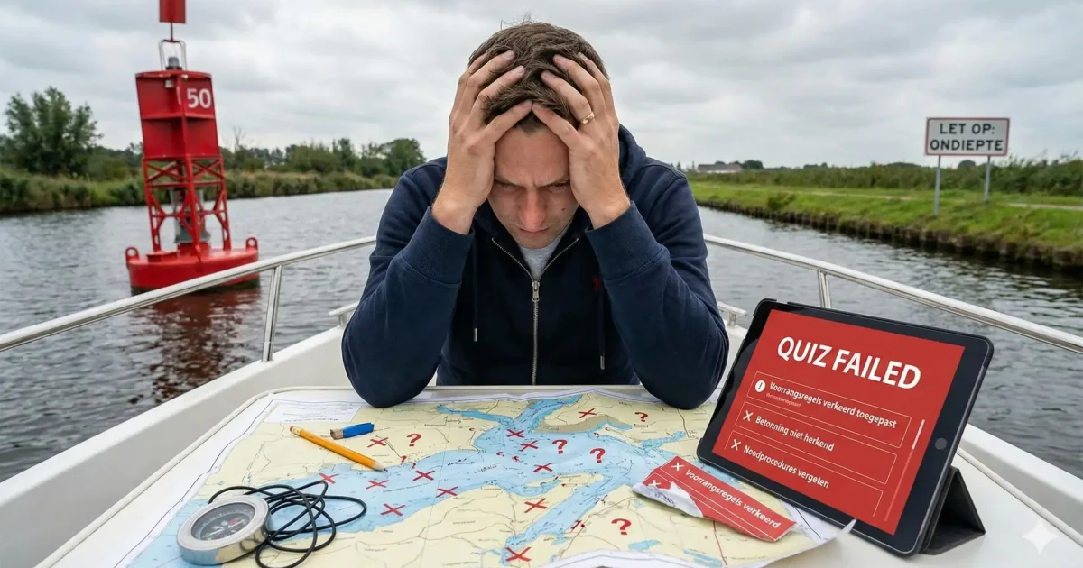 Teleurgestelde cursist maakt fouten bij een oefenexamen voor het vaarbewijs.